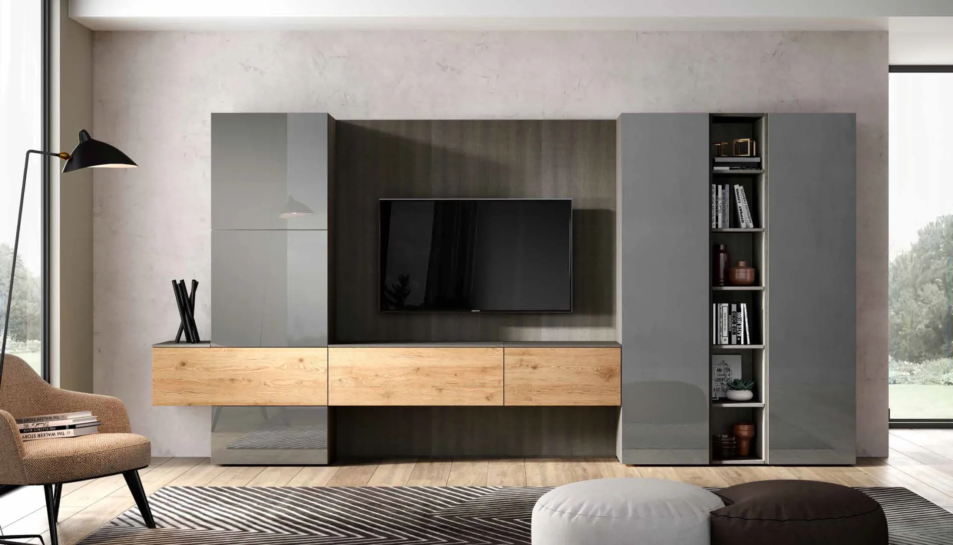Parete 3D 213 Artigianmobili grigio lucido con base sospesa in rovere