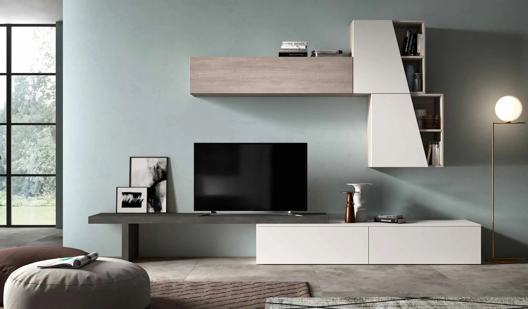 Parete 3D 214 Artigianmobili con pensile diagonale bianco e base in rovere cenere