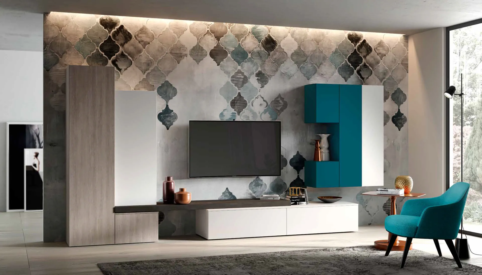 Parete 3D 215 Artigianmobili con colonna blu verde e base bianca