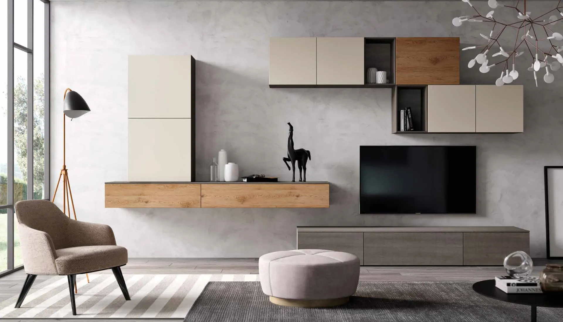Parete 3D 216 Artigianmobili con colonna chiara, mensola in rovere e base TV scura