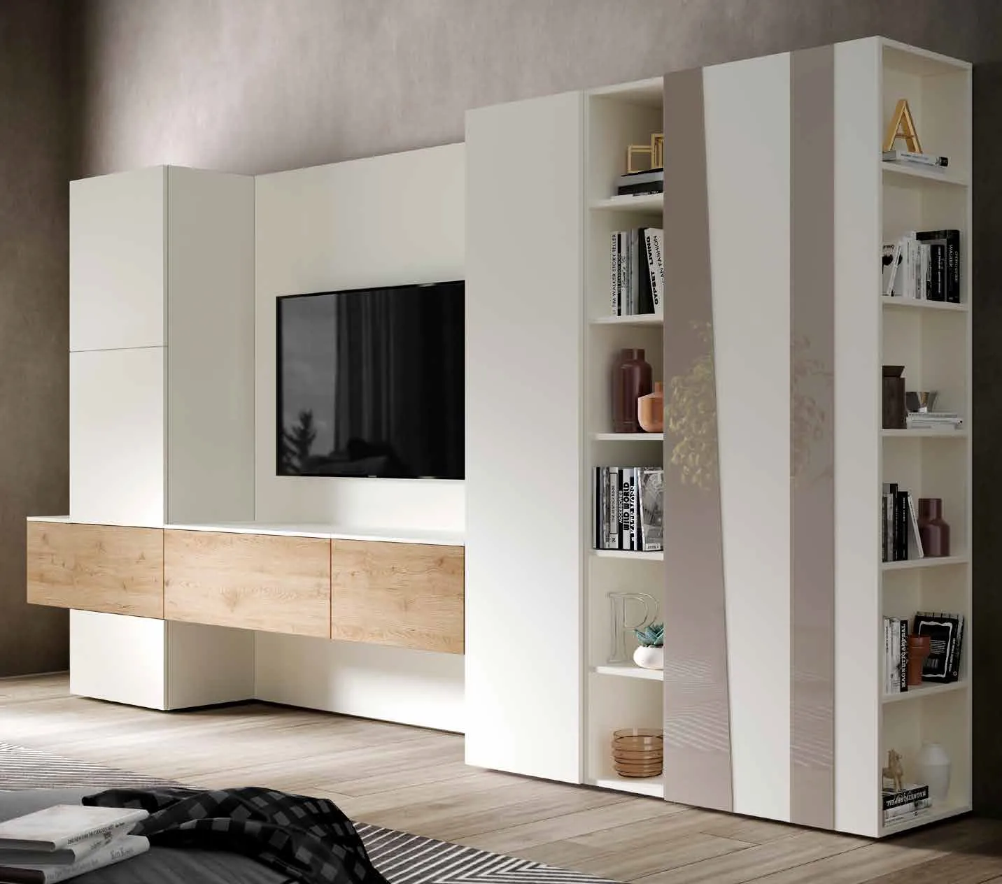 Parete 3D 218 Artigianmobili bianca con base TV in rovere e librerie