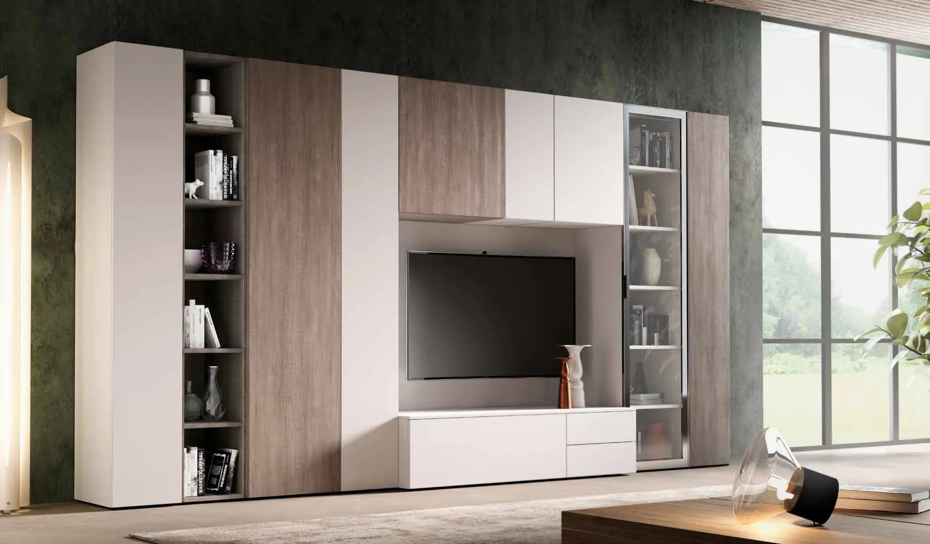 Parete 3D 219 Artigianmobili con colonne in rovere cenere e librerie a giorno