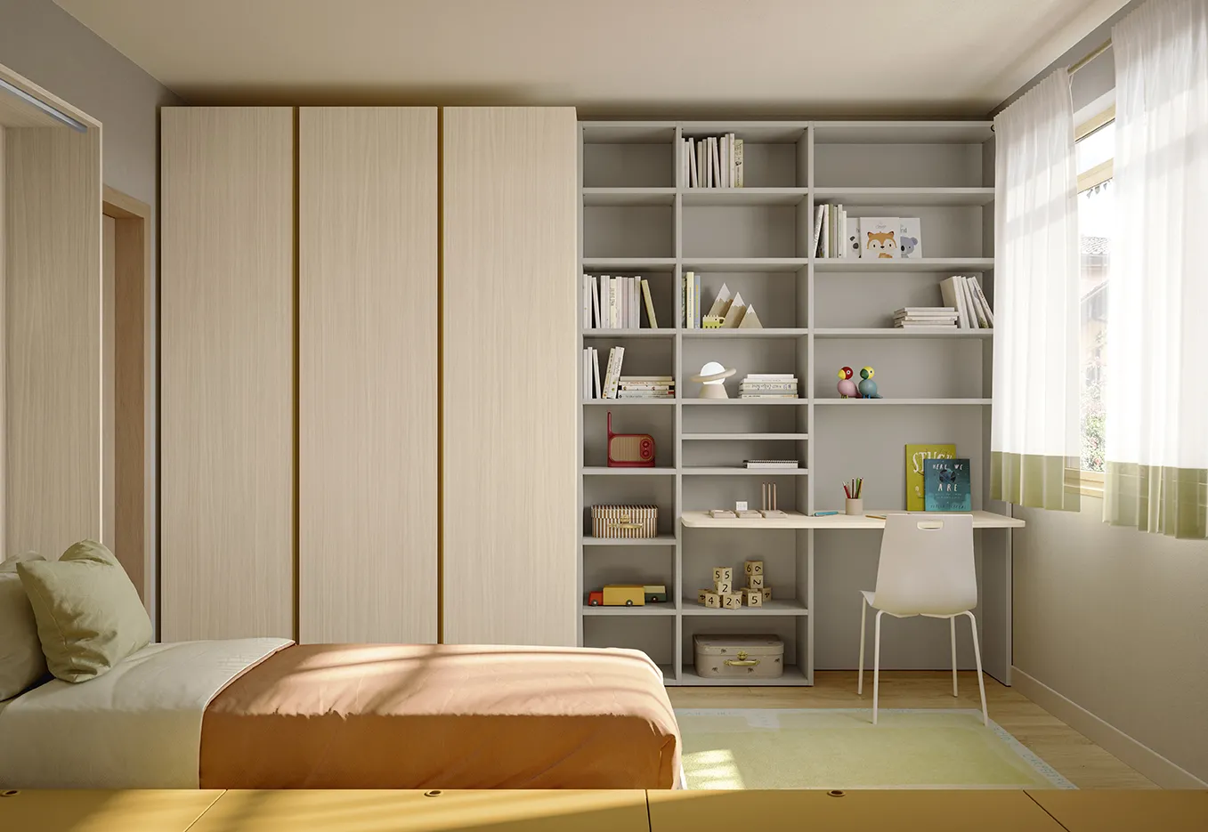 Cameretta Golf Kid's Space Colombini con armadio a tre ante in legno e libreria grigia con scrivania