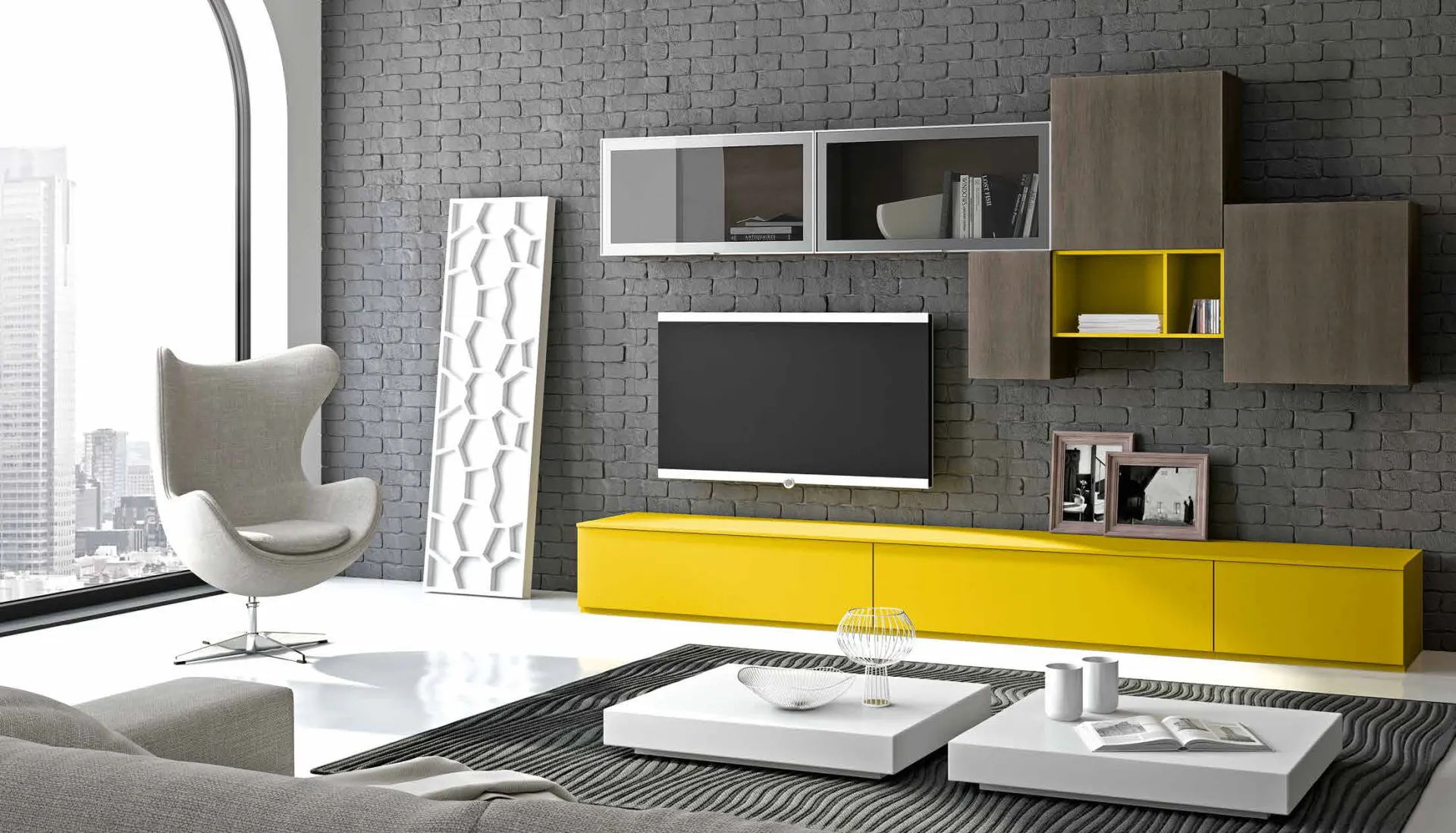 Parete 3D 220 Artigianmobili con base gialla e pensili in rovere fumo
