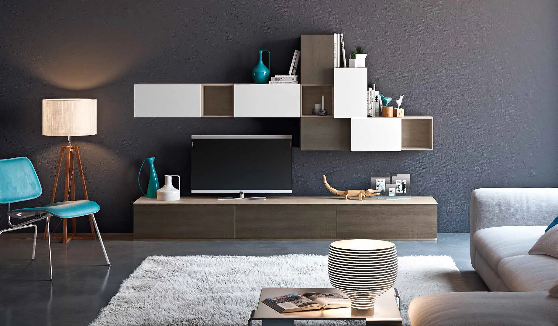 Parete 3D 221 Artigianmobili con pensili a cubi bianchi e in rovere