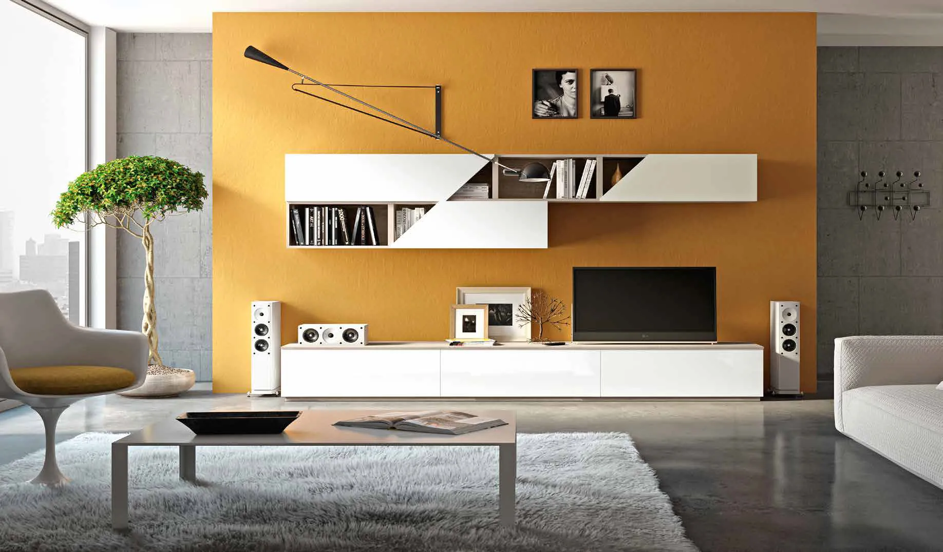 Parete 3D 223 Artigianmobili bianca e rovere su muro arancione