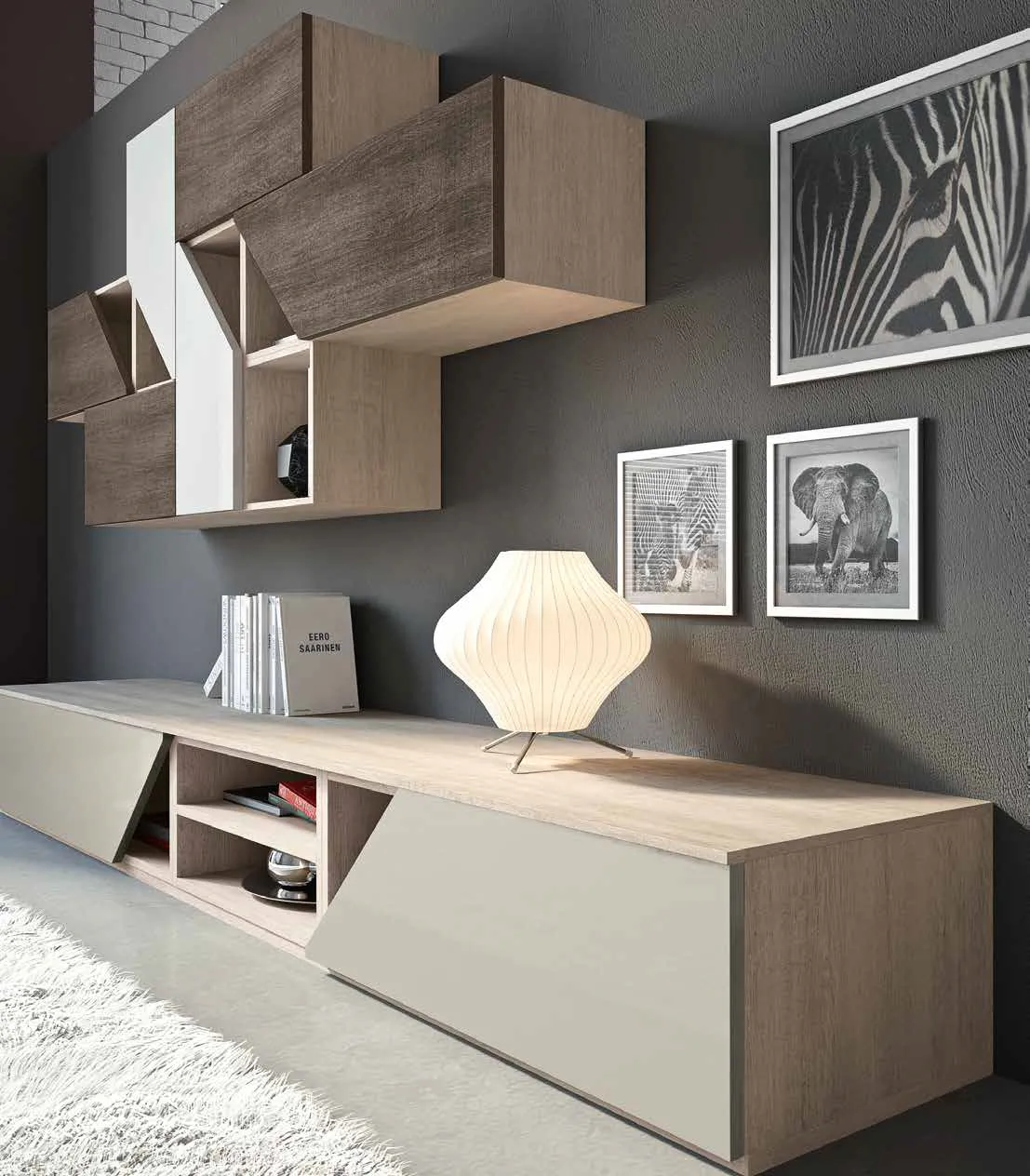 Pensili in rovere e base della parete 3D 224 Artigianmobili
