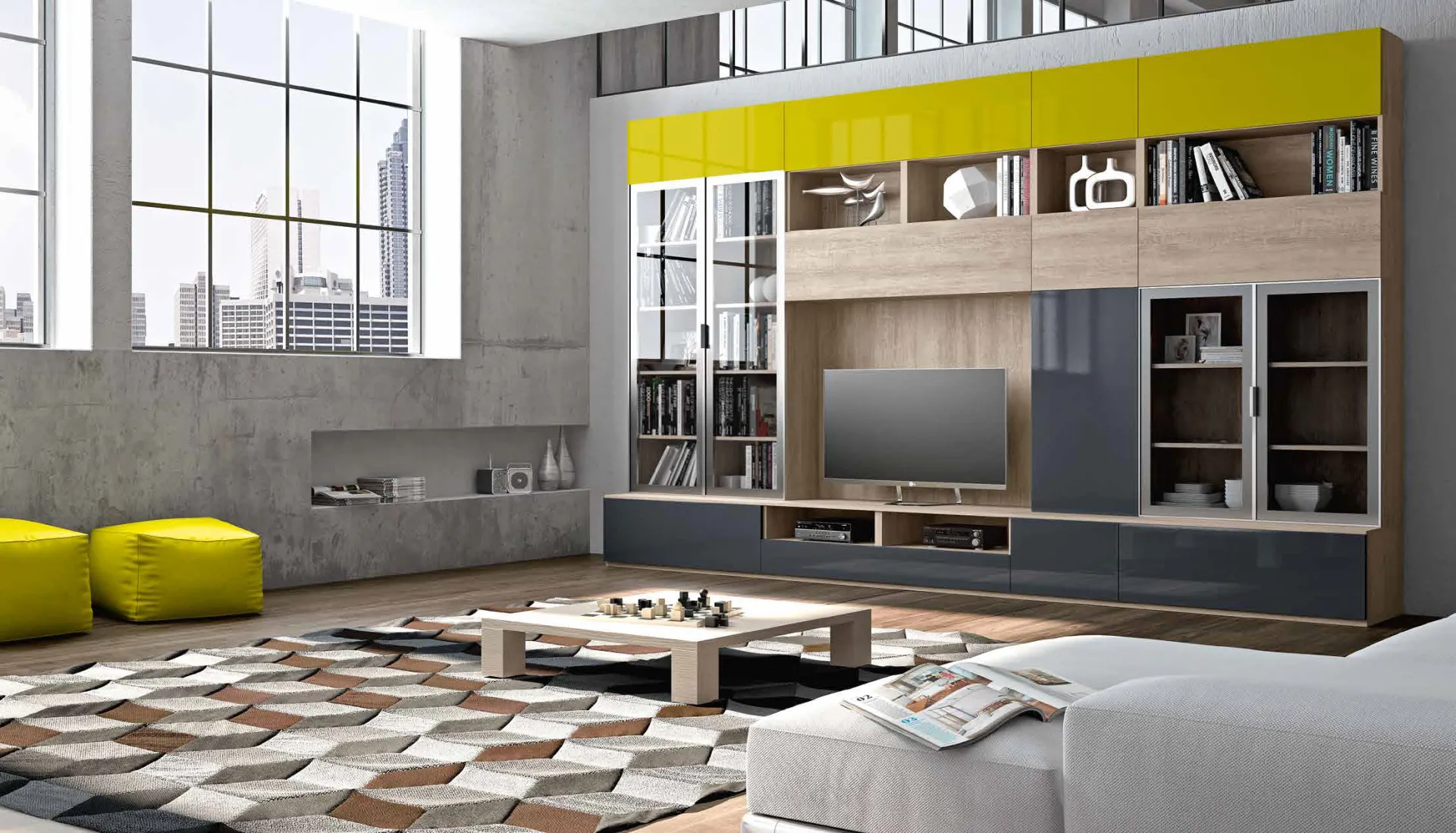 Parete libreria 3D 225 Artigianmobili con fascia verde bruco e TV al centro