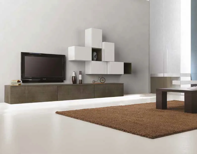 Composizione 3D 228 Artigianmobili con base in rovere fumo e pensili bianchi a gradoni