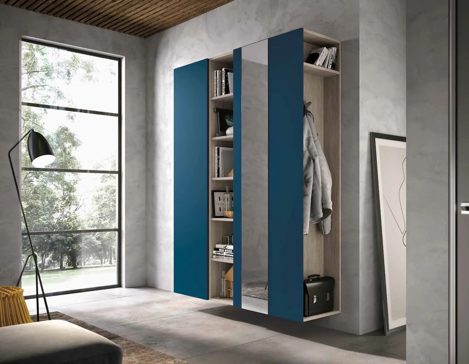 Composizione Mini 308 Air Artigianmobili con anta blu e libreria in rovere