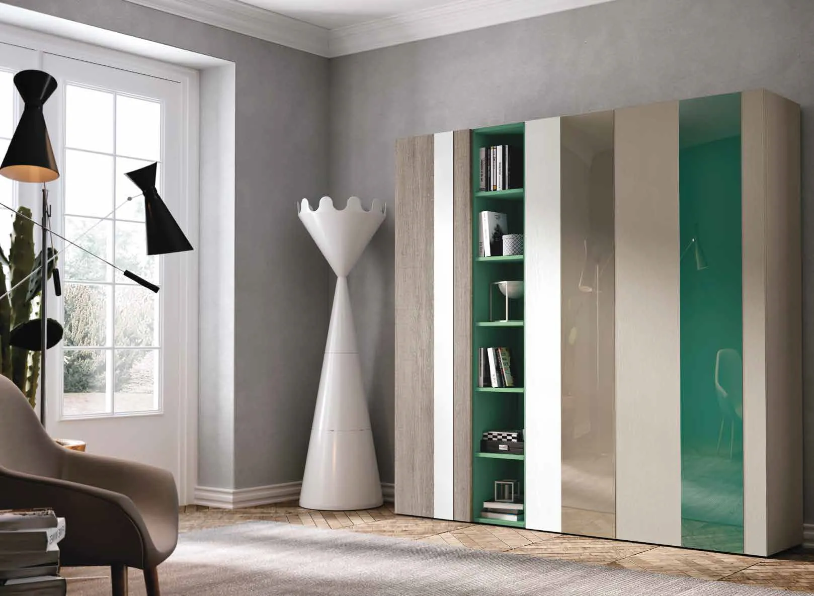 Composizione Mini 310 Artigianmobili con ante verde patina e libreria a giorno