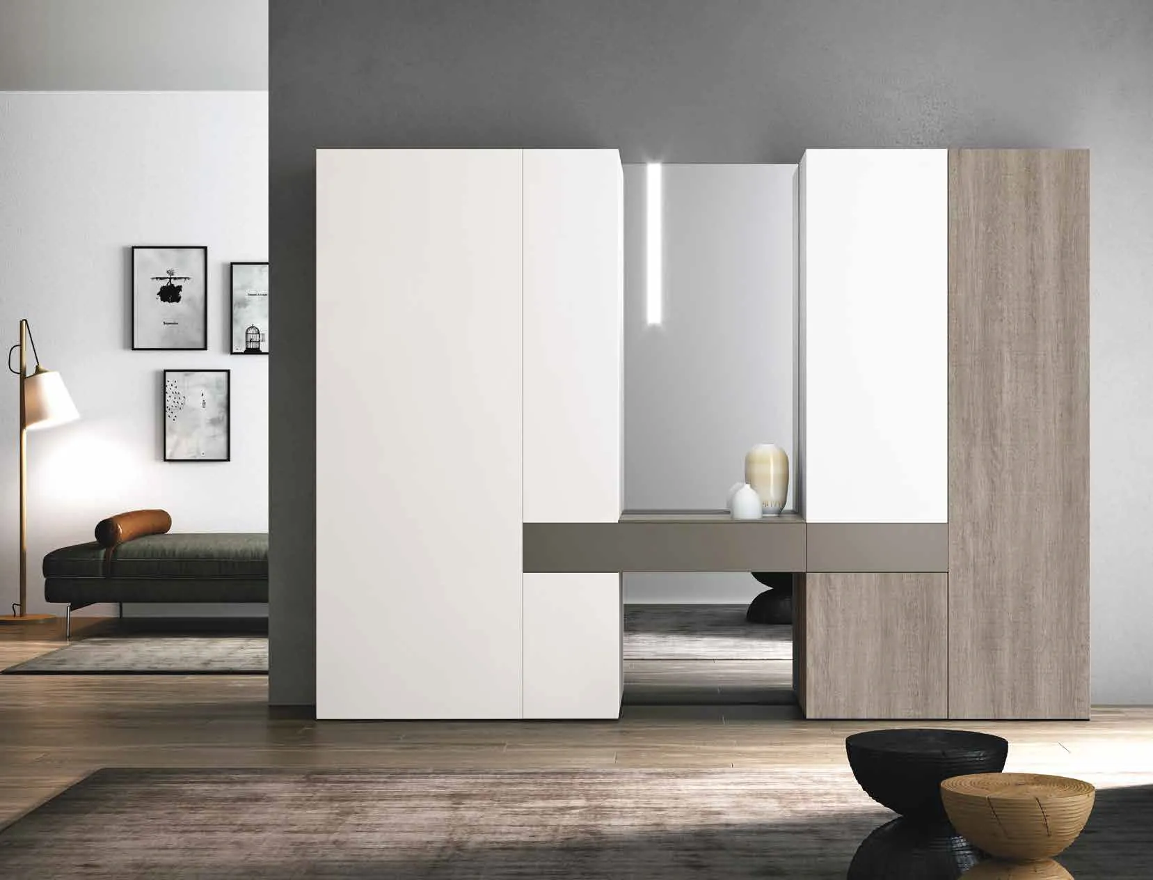 Composizione Mini 312 Artigianmobili bianca e rovere con colonna a specchio