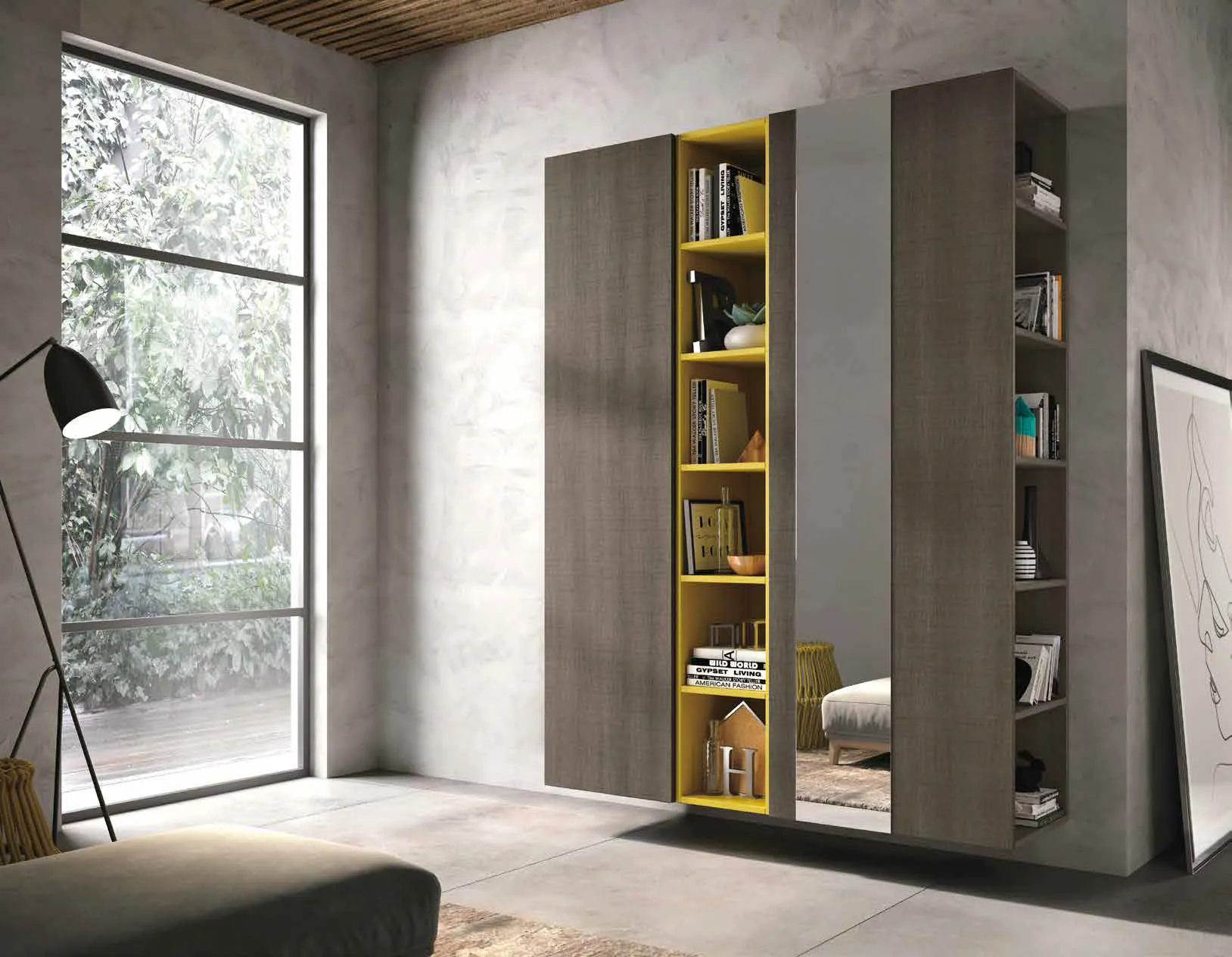 Composizione Mini 313 Artigianmobili in rovere fumo con libreria gialla