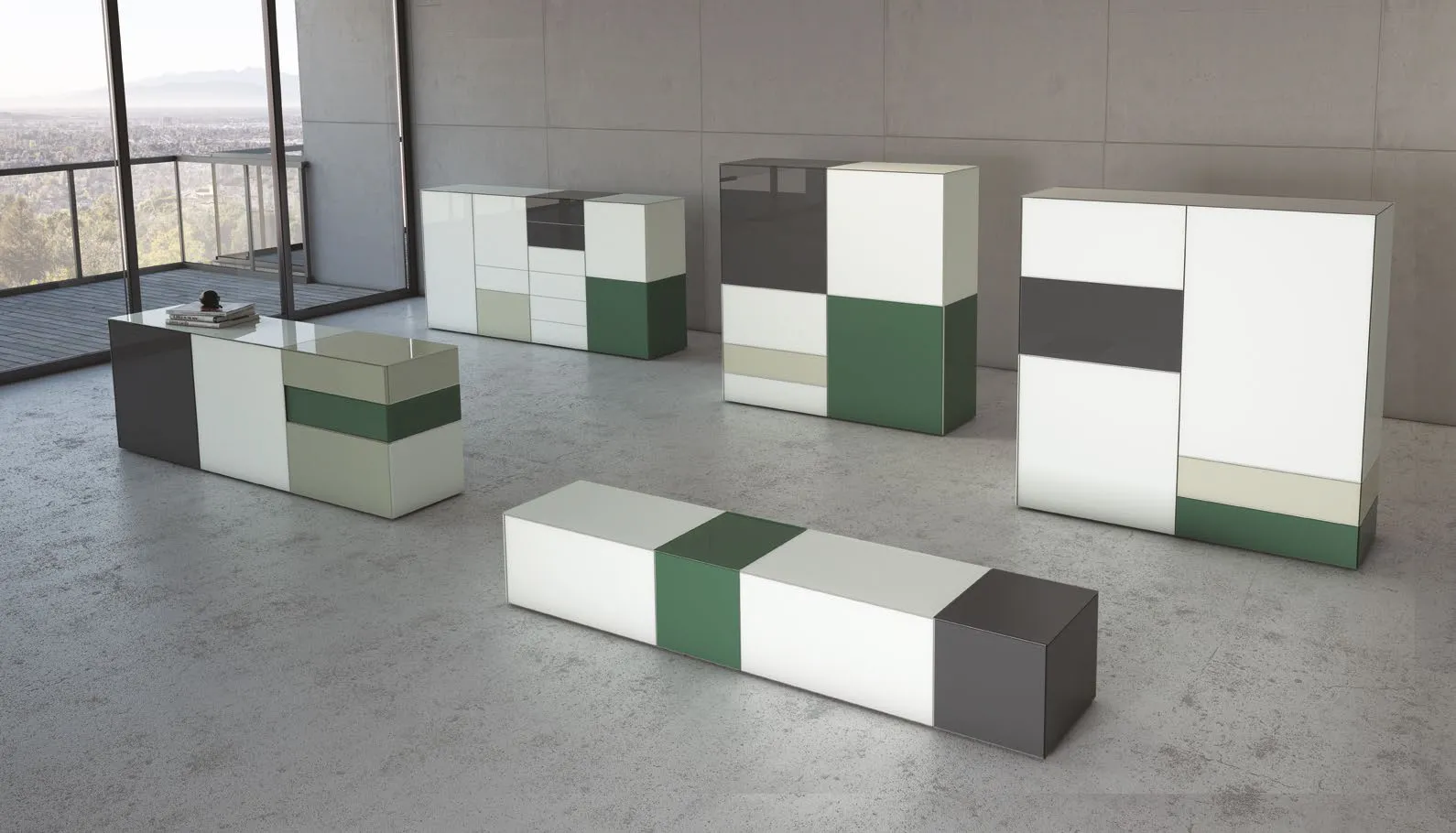 Contenitori Tetris T102 Artigianmobili in vetro lucido bianco, verde patina e grigio