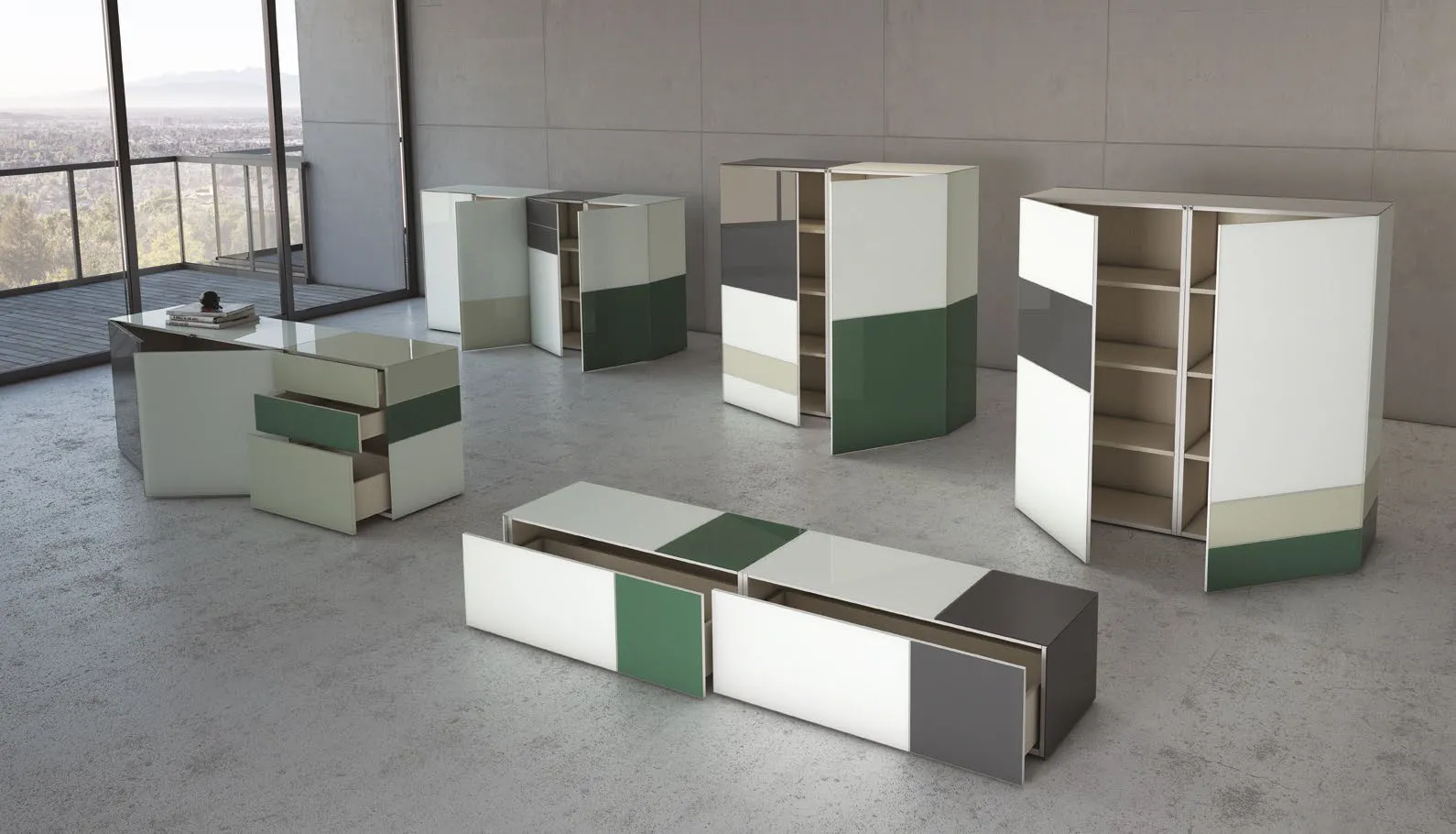 Vista d'insieme dei moduli Tetris T102 Artigianmobili di altezze diverse