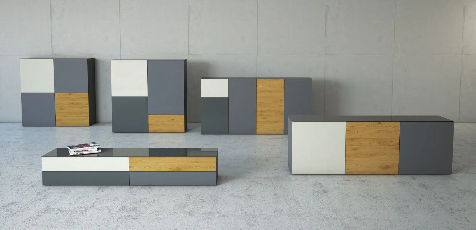 Composizione Tetris T103 Artigianmobili grigia con blocchi bianchi e gialli