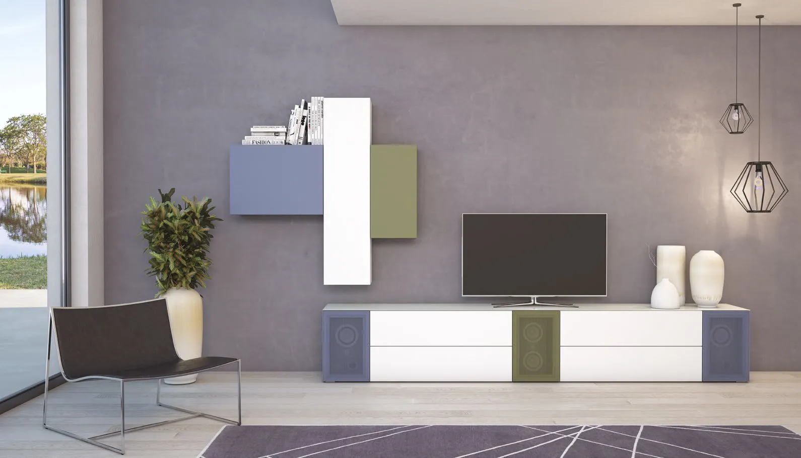 Composizione Tetris T104 Artigianmobili con blocchi bianchi, blu e verdi attorno alla TV