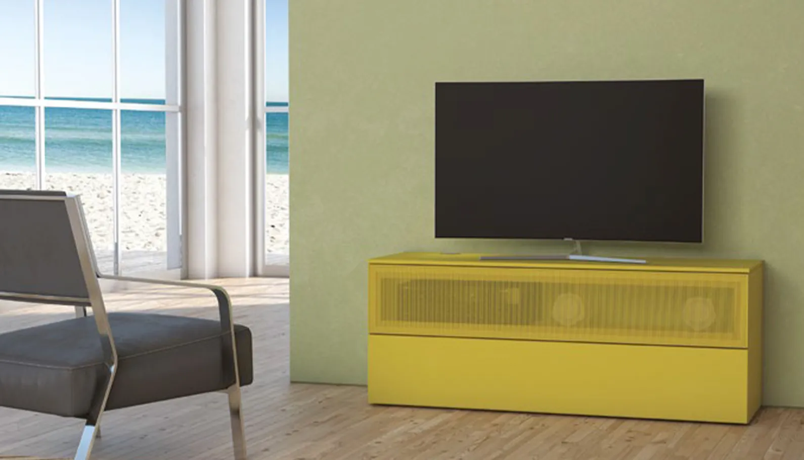 Mobile TV Tetris T106 Artigianmobili giallo limone con griglia forata, accanto a una poltrona