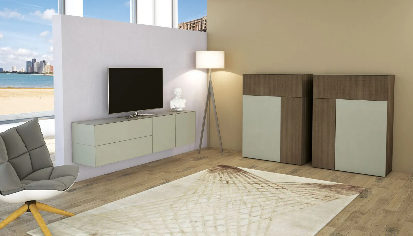 Composizione Tetris T107 Artigianmobili con mobile TV grigio seta e contenitori in rovere