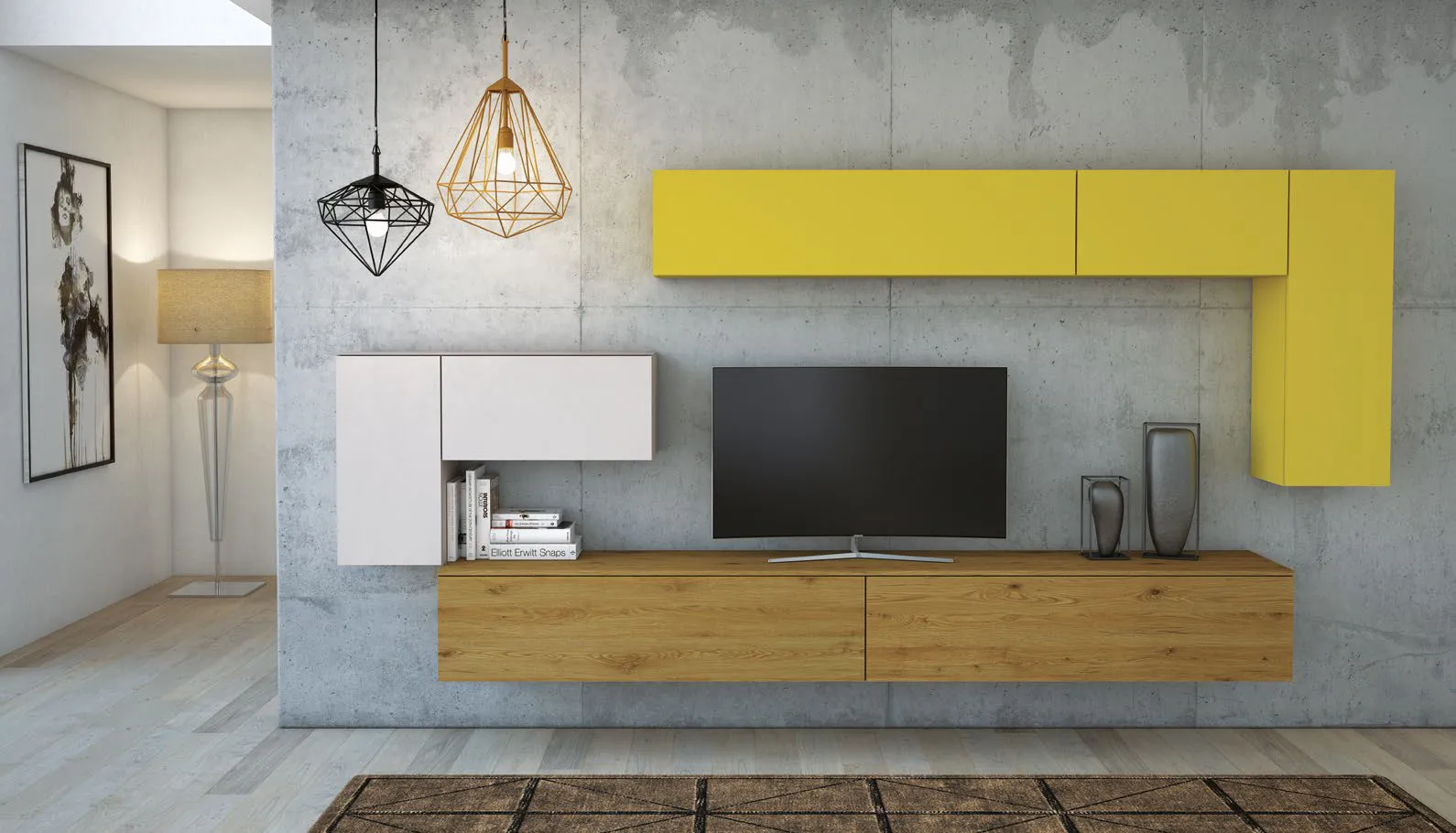Parete sospesa Tetris T109 Artigianmobili con pensili gialli e canapa e base in legno