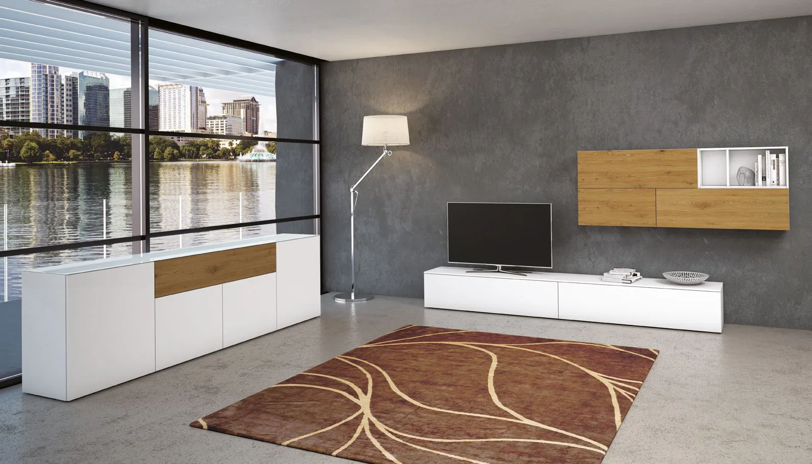 Soggiorno Tetris T110 Artigianmobili con madia, base TV e pensile bianchi e legno