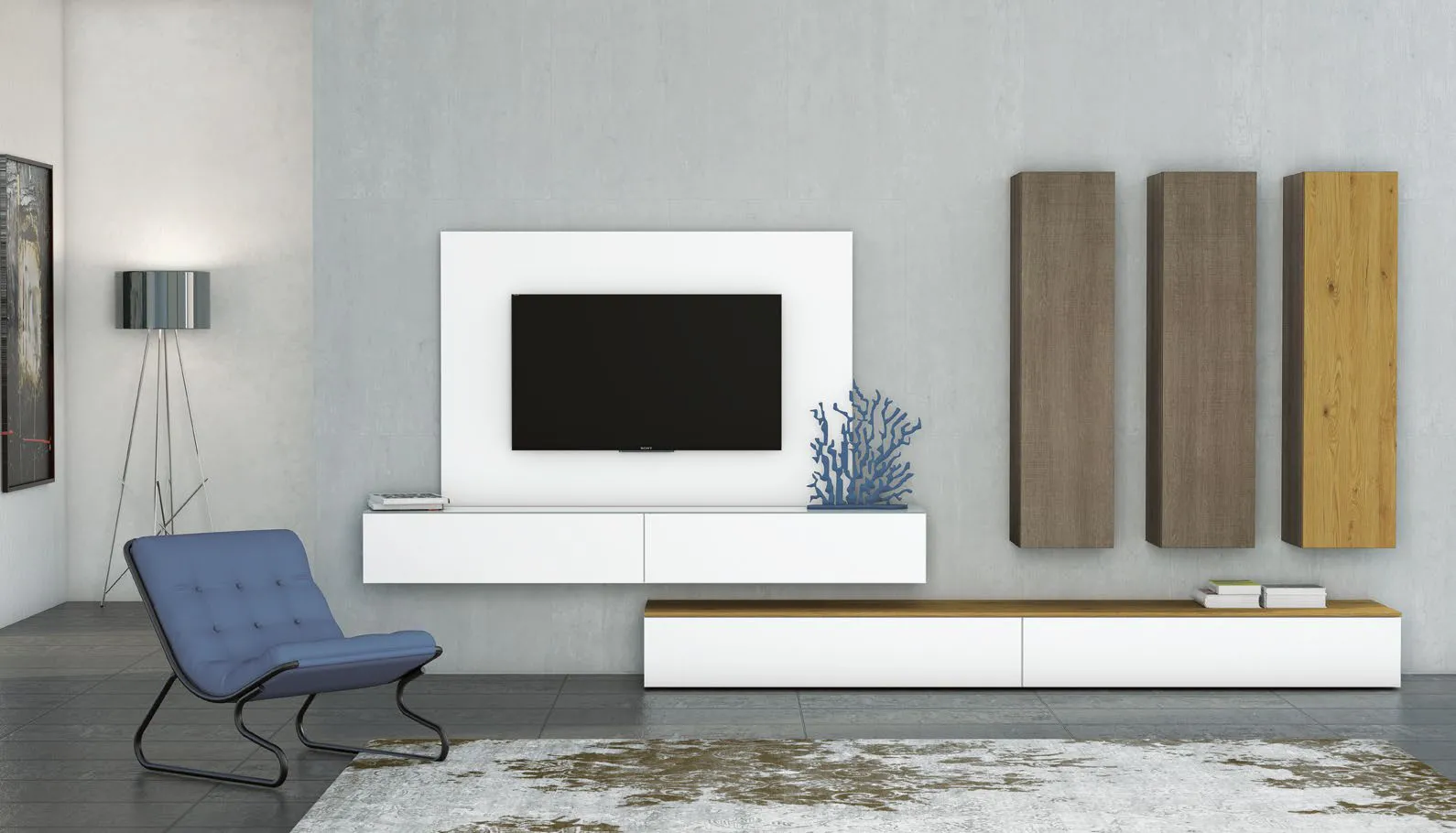 Parete Tetris T111 Artigianmobili con pannello TV bianco e tre colonne pensili in legno