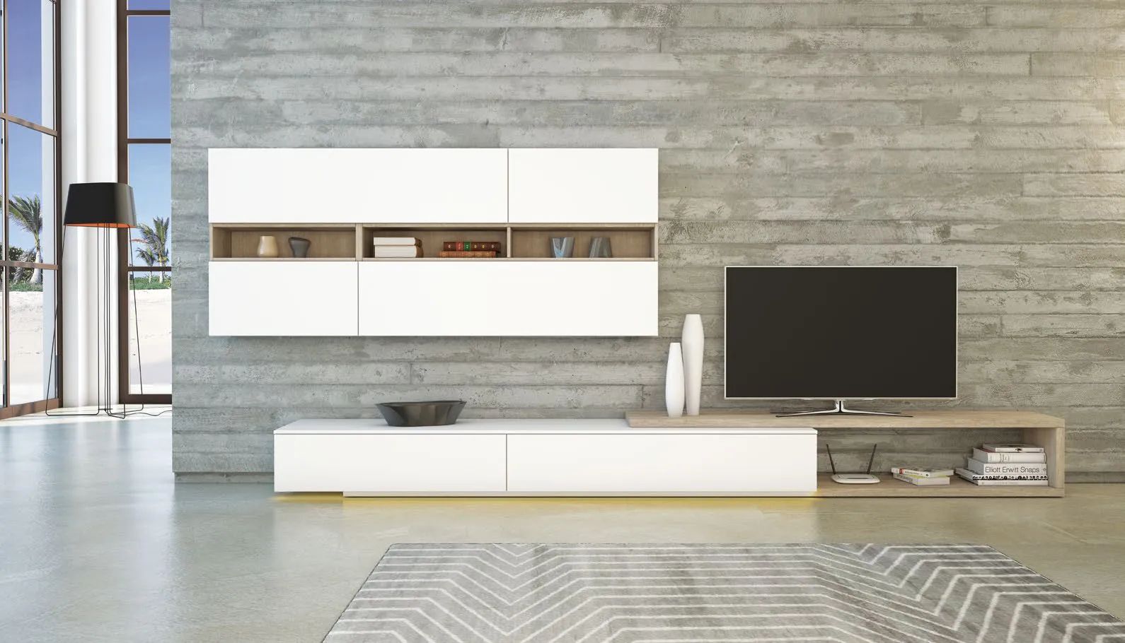Composizione Tetris T112 Artigianmobili bianca con vani a giorno in rovere su muro di cemento