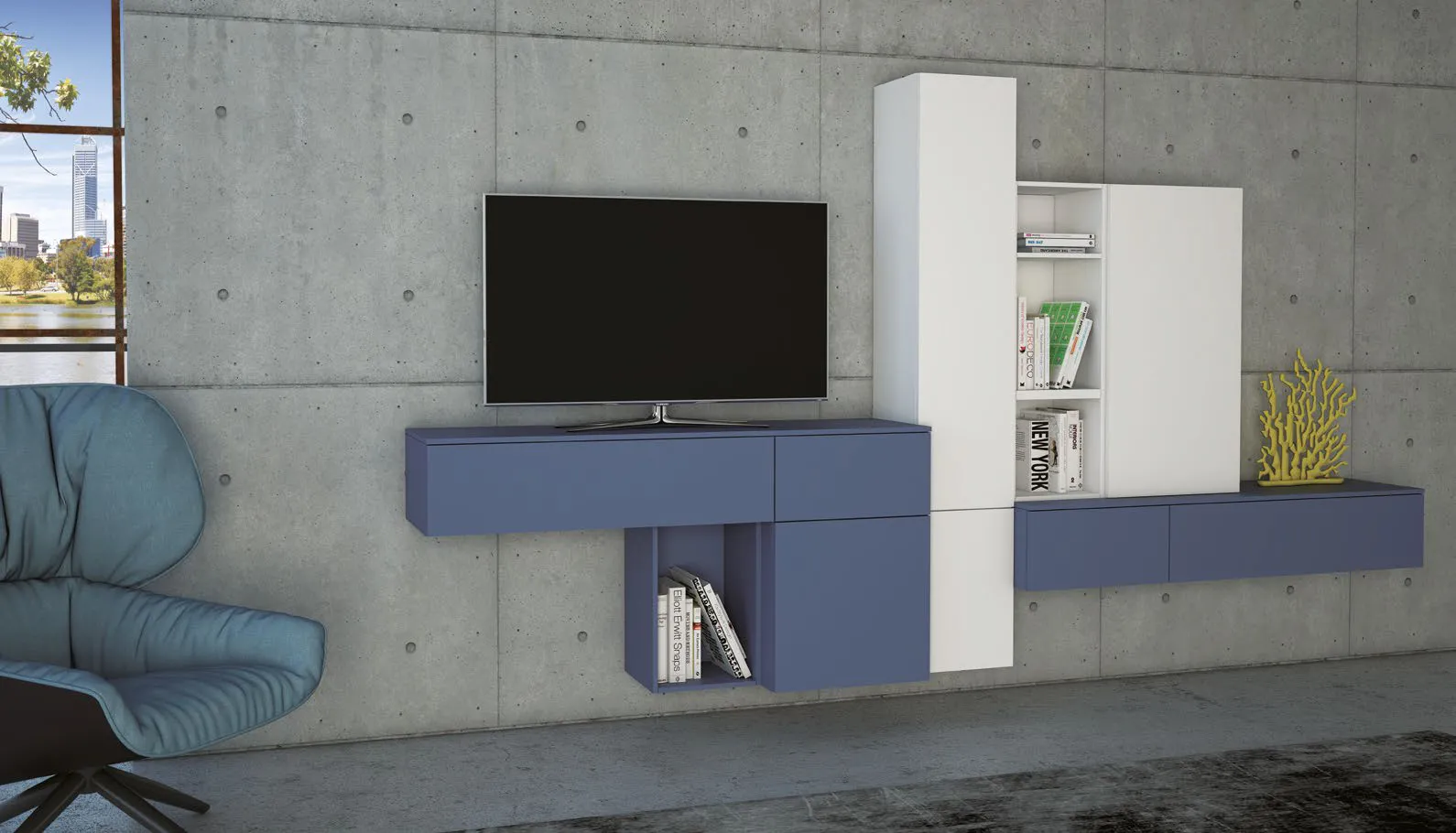 Parete Tetris T113 Artigianmobili con basi blu colomba sospese e colonna bianca