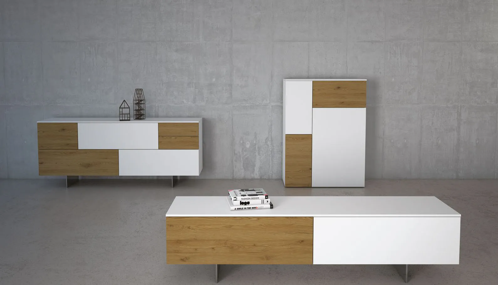 Madia, credenza e panca TV Tetris T114 Artigianmobili bianche con ante in legno