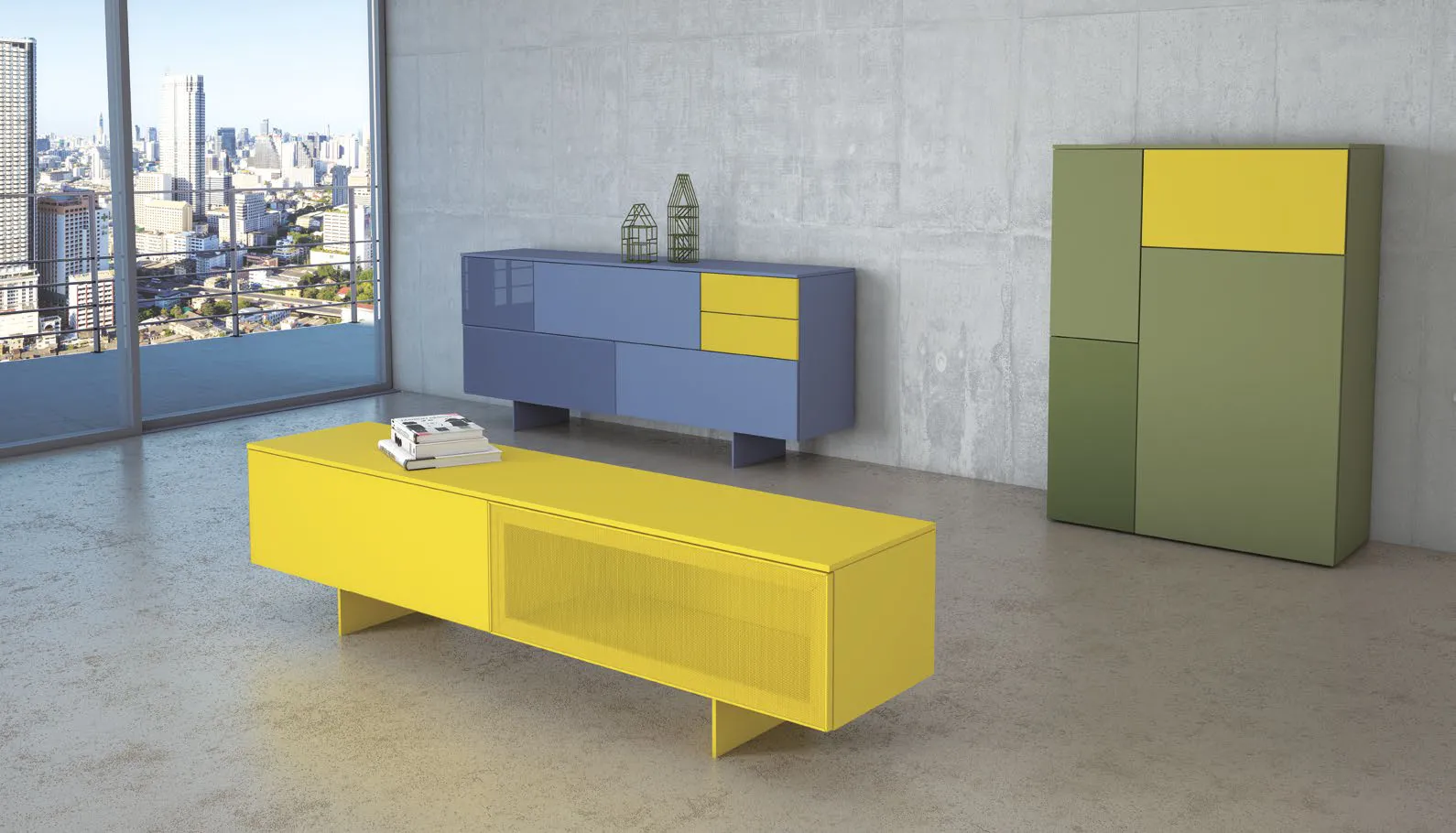 Madia blu, credenza verde e panca TV gialla Tetris T115 Artigianmobili in un loft