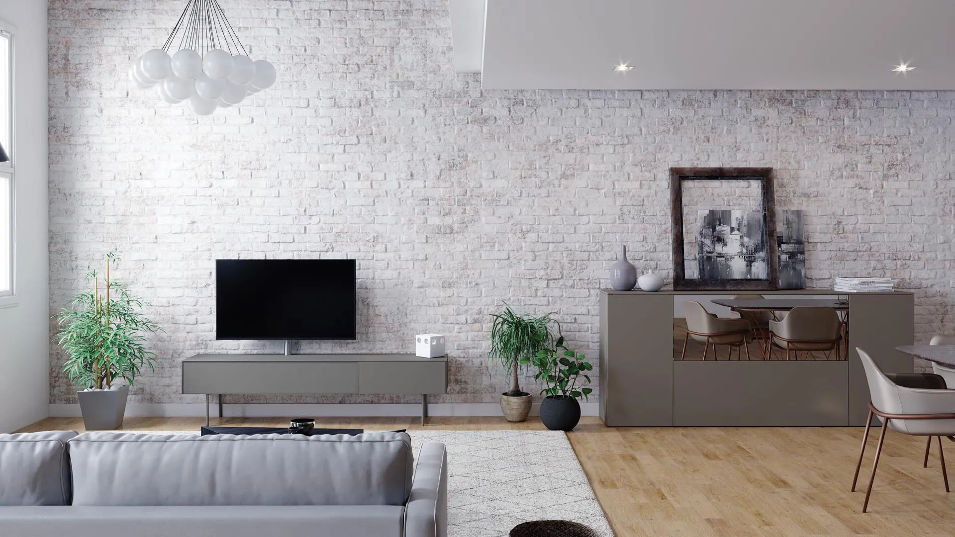 Base TV e madia Titolo T100 Artigianmobili grigio quarzo in un loft con muro di mattoni