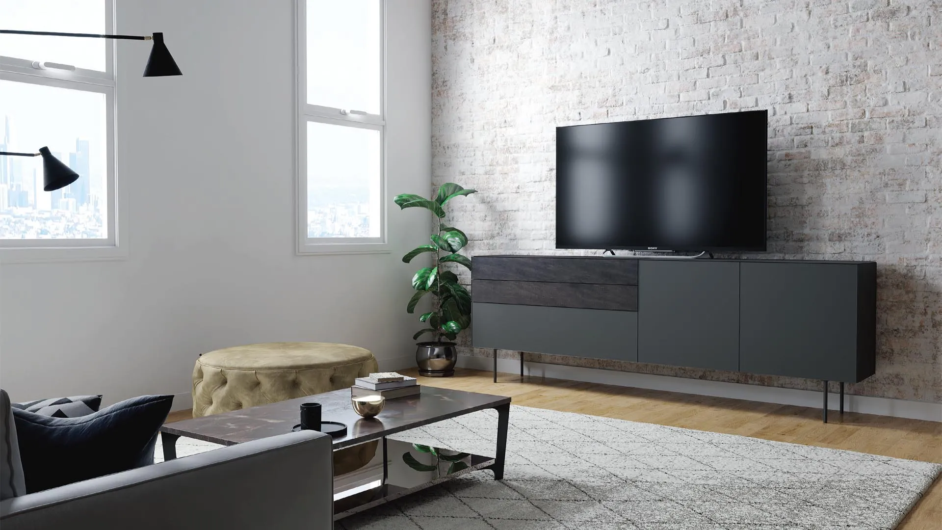 Madia lunga Titolo T101 Artigianmobili sotto la TV in un living industriale