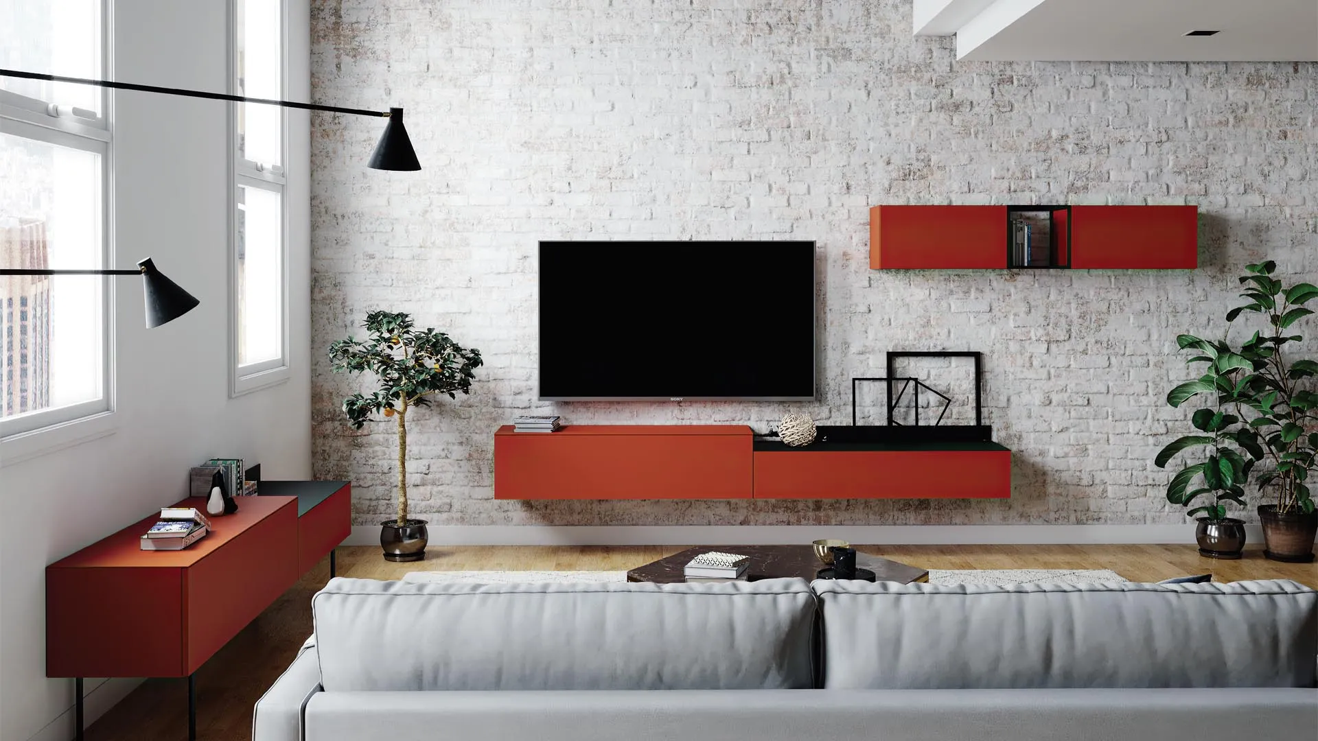 Parete TV e madia Titolo T102 Artigianmobili rosso mattone su muro di mattoni bianchi