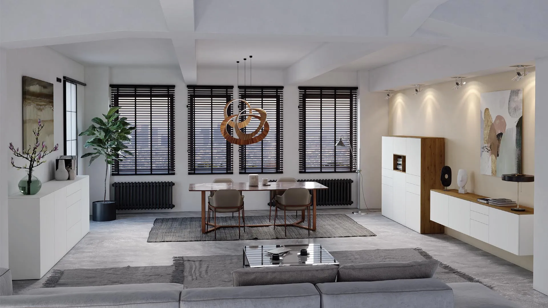 Credenza e madia Titolo T103 Artigianmobili bianche e rovere in una sala da pranzo