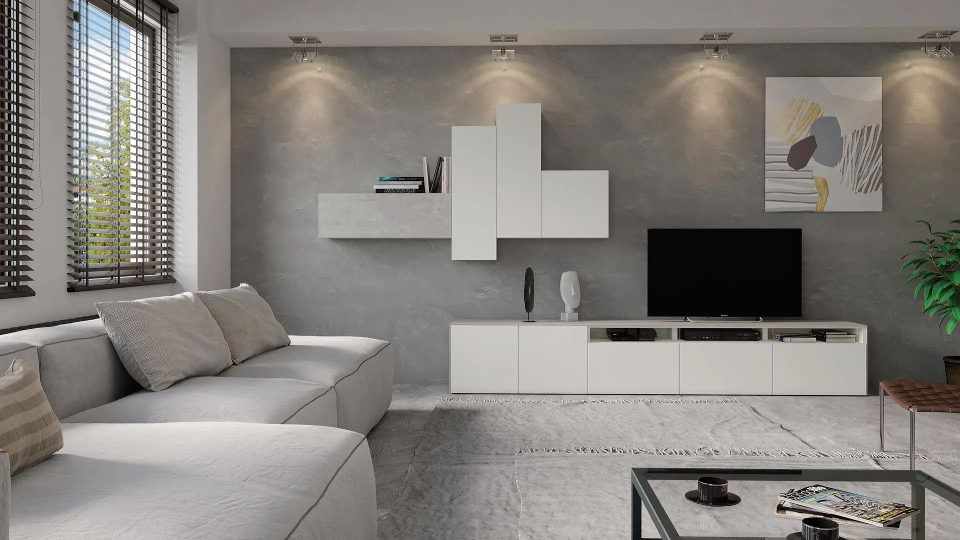 Parete TV Titolo T104 Artigianmobili bianca con pensili a gradoni e inserto effetto cemento