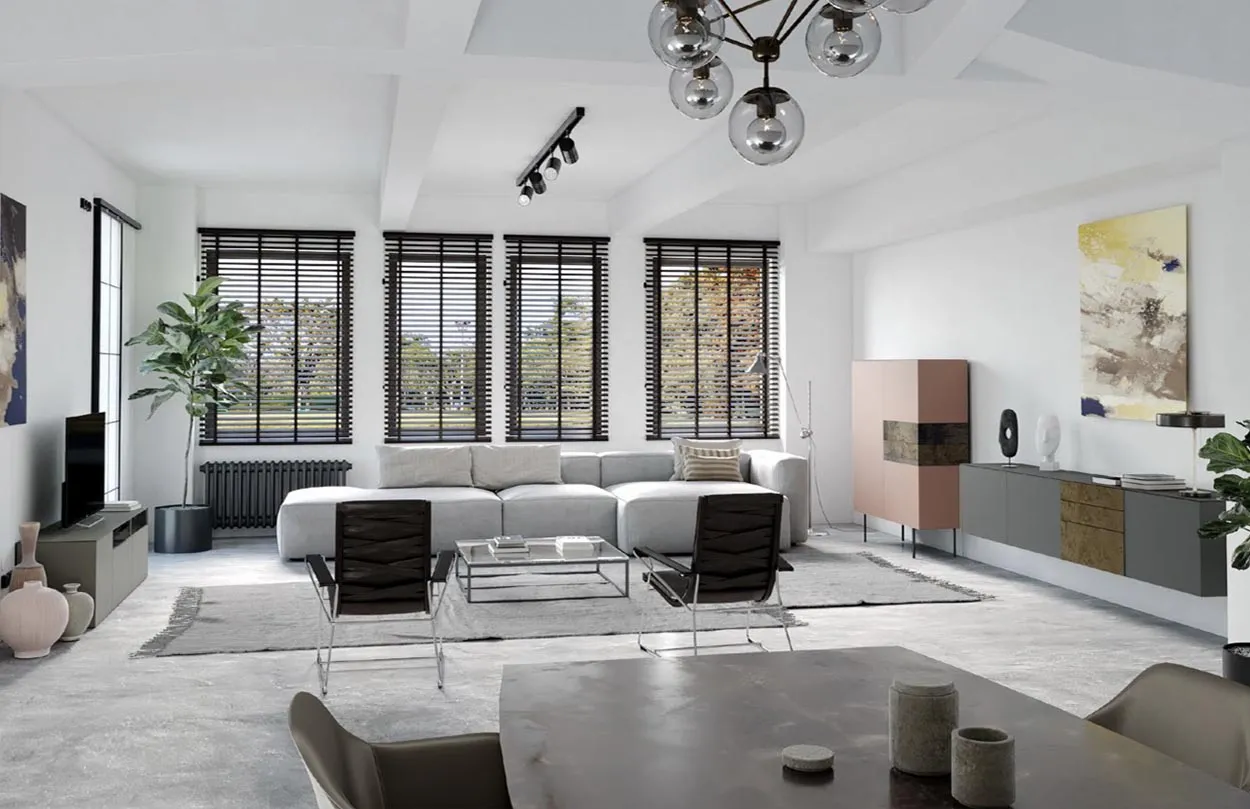 Soggiorno con madia sospesa e credenza Titolo T105 Artigianmobili antracite e corten