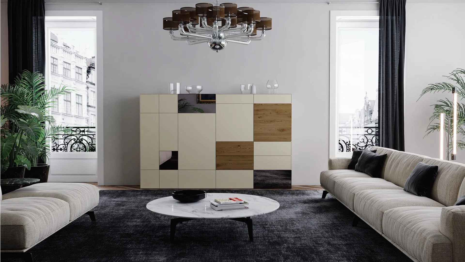 Credenza Titolo T106 Artigianmobili color corda con ante in rovere e specchio bronzo