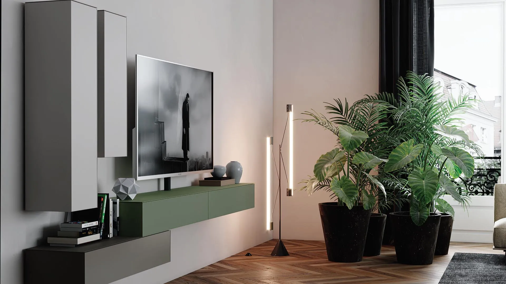 Composizione Titolo T107 Artigianmobili vista frontale con TV e piante