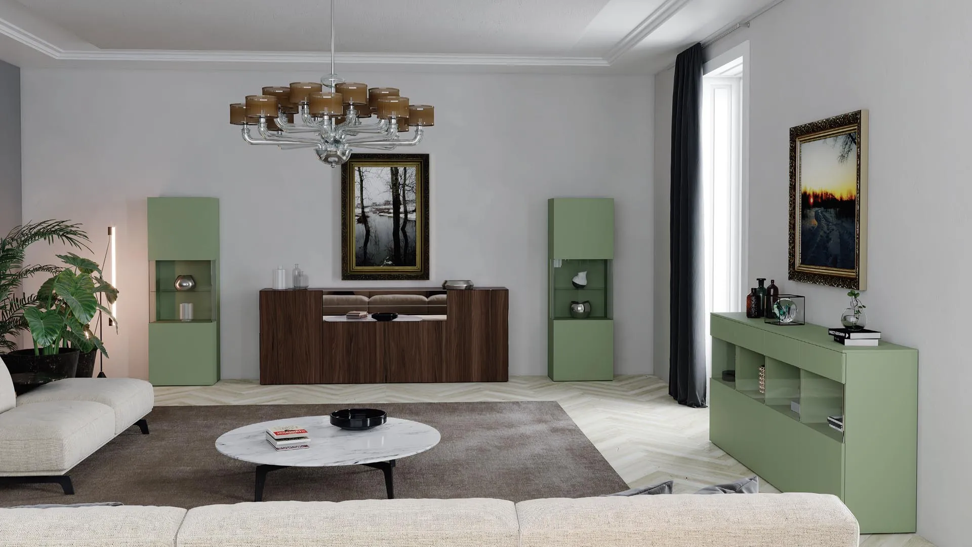 Soggiorno con vetrinette verdi e credenza in noce Titolo T108 Artigianmobili