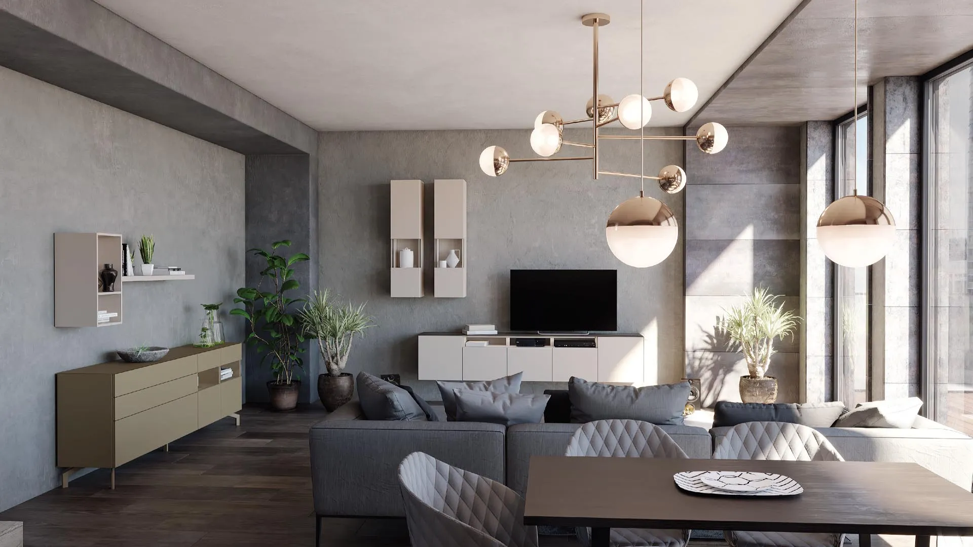 Soggiorno Titolo T110 Artigianmobili con parete TV beige e madia in oro opaco