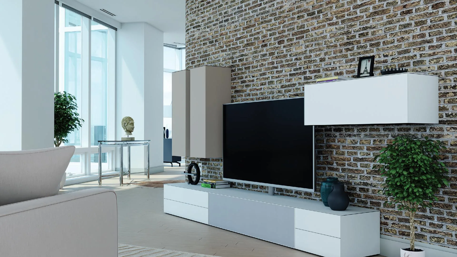 Parete TV Titolo T112 Artigianmobili bianca e grigio seta su muro di mattoni