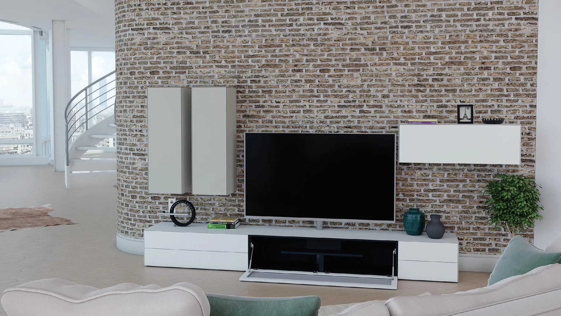 Base TV bianca con anta a ribalta e pensili alti Titolo T112 Artigianmobili
