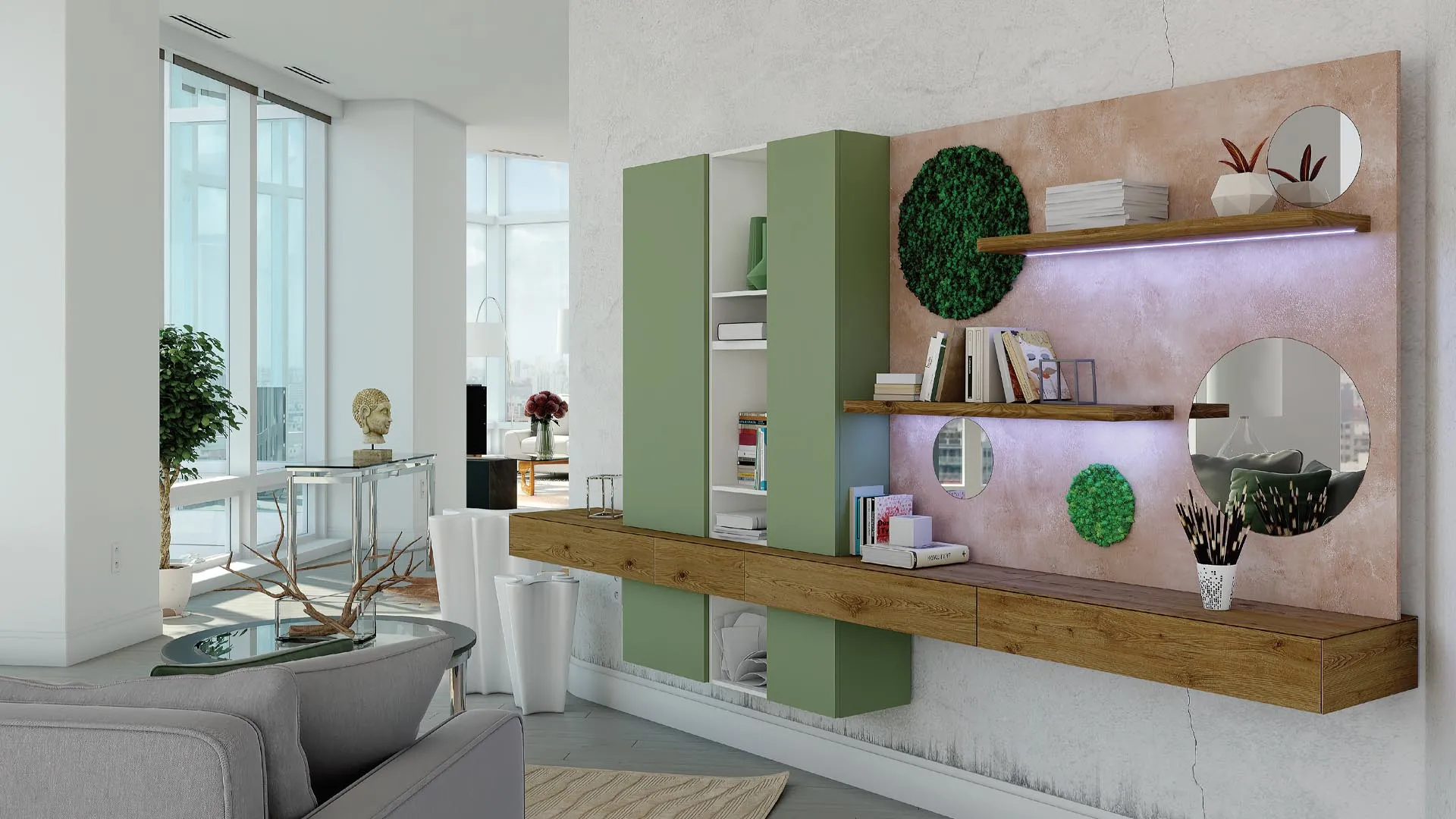 Parete Titolo T113 Artigianmobili con pannello oro rosa, colonne verdi e mensole in rovere
