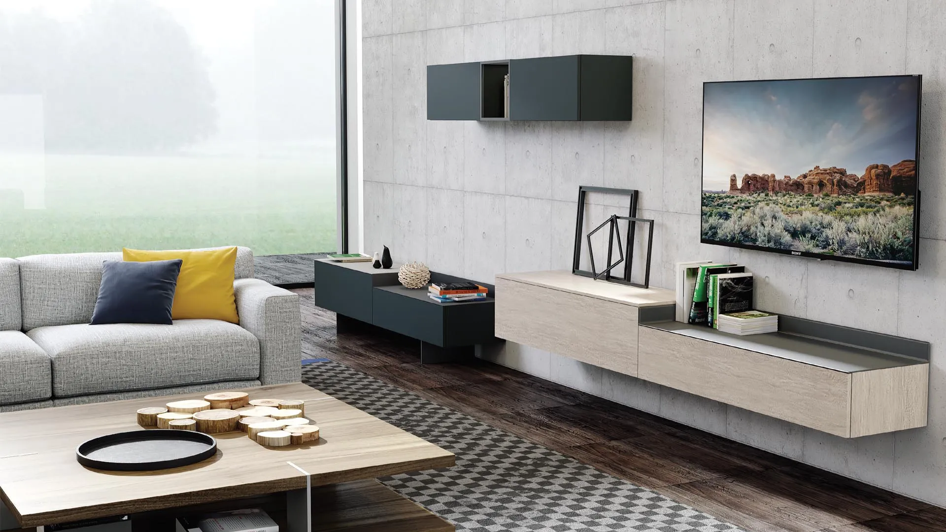 Base sospesa in rovere cenere e pensili antracite Titolo T115 Artigianmobili