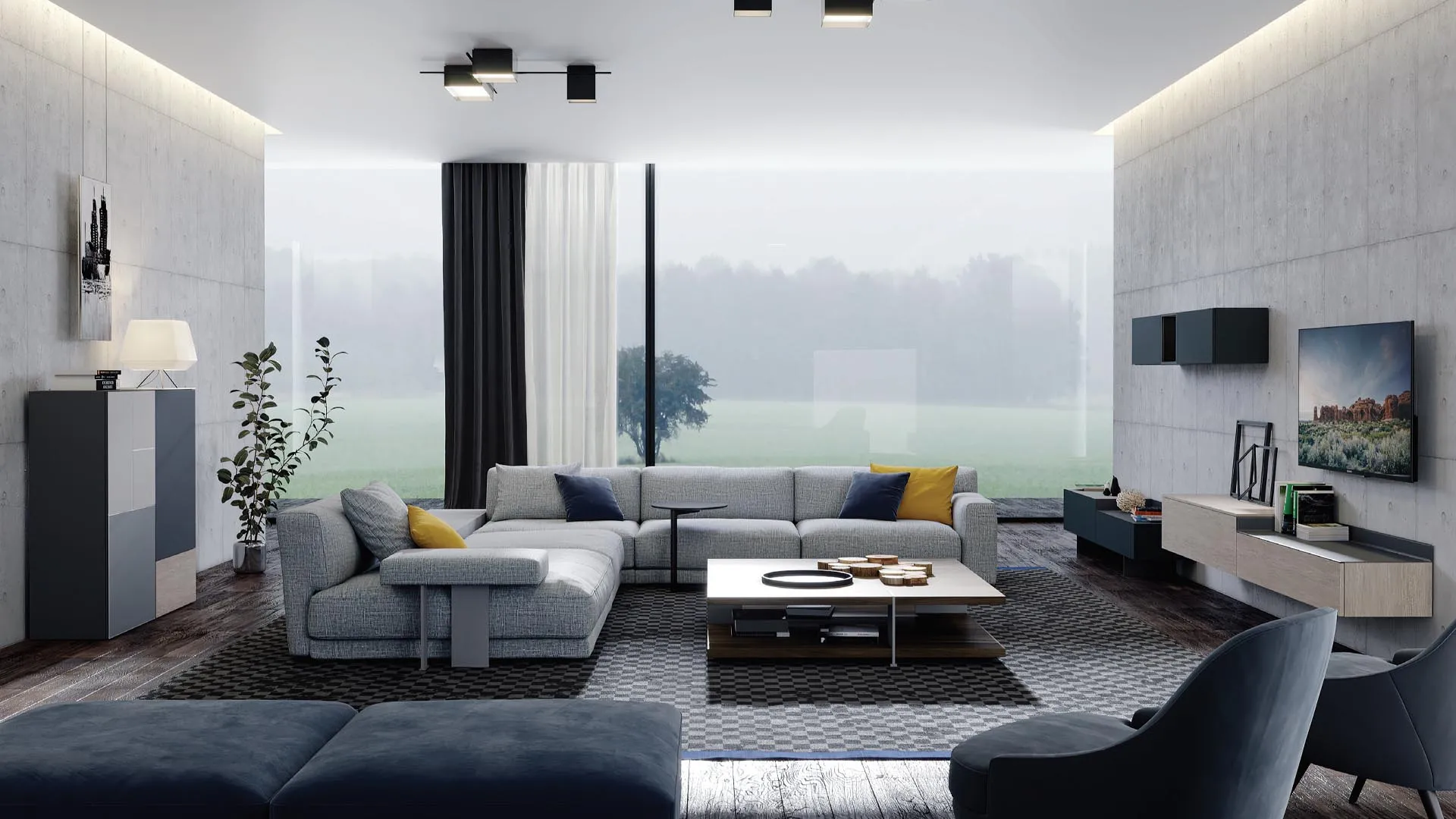 Soggiorno con credenza grafite e parete TV Titolo T115 Artigianmobili