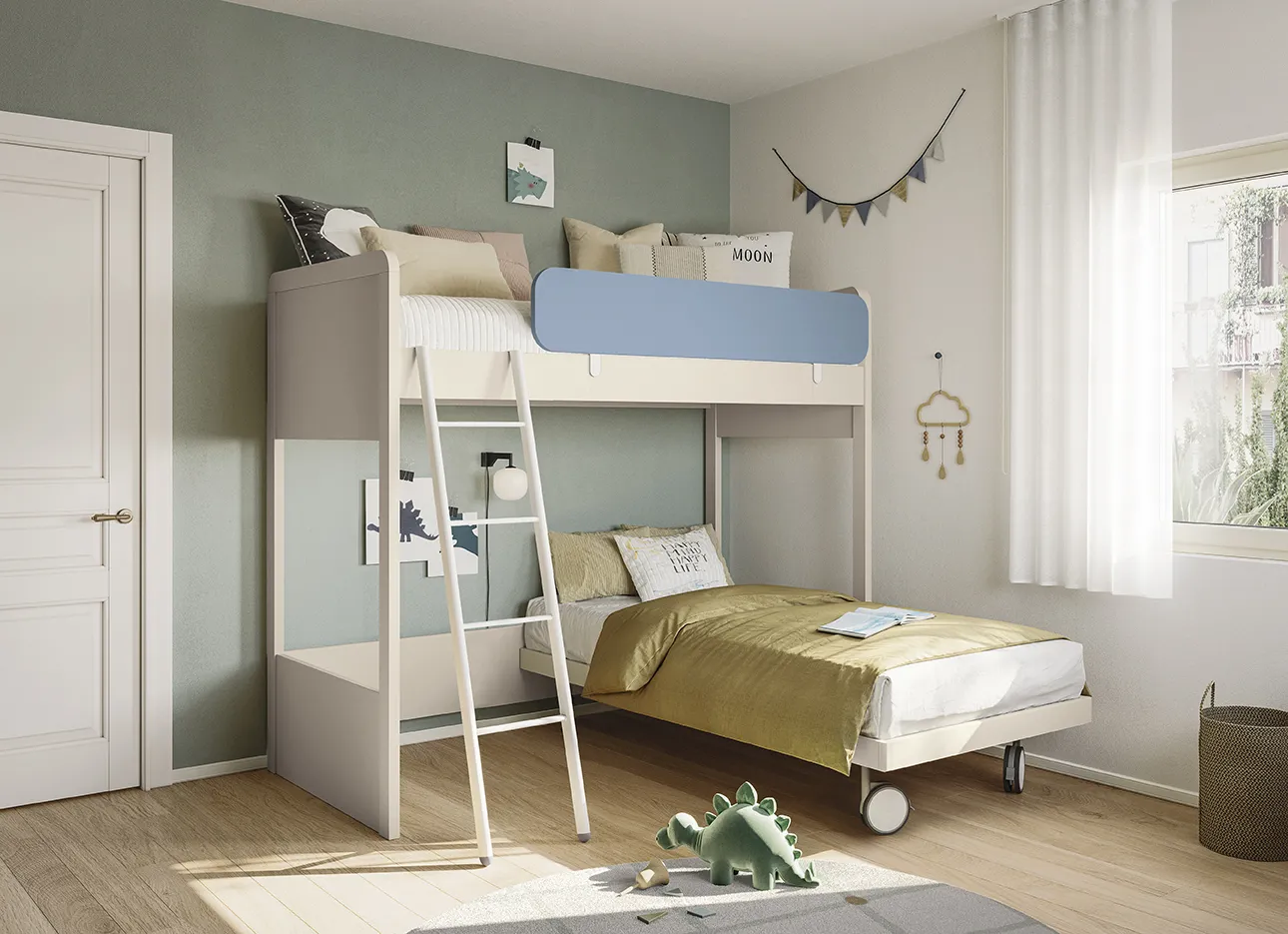 Letto a castello Golf Kid's Space Colombini con sponda azzurra e letto inferiore su ruote