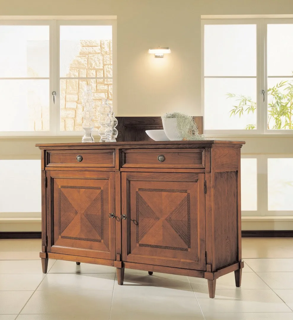 Credenza a due ante con cassetti Ottocento Avenanti in ciliegio con intarsi a rombo