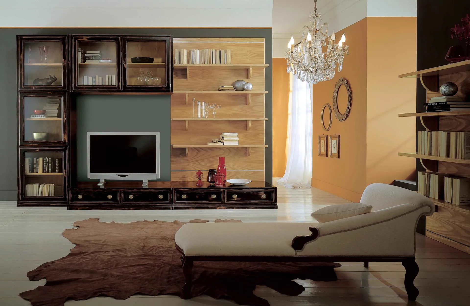 Parete attrezzata Vintage Avenanti in legno scuro con libreria chiara centrale e chaise longue