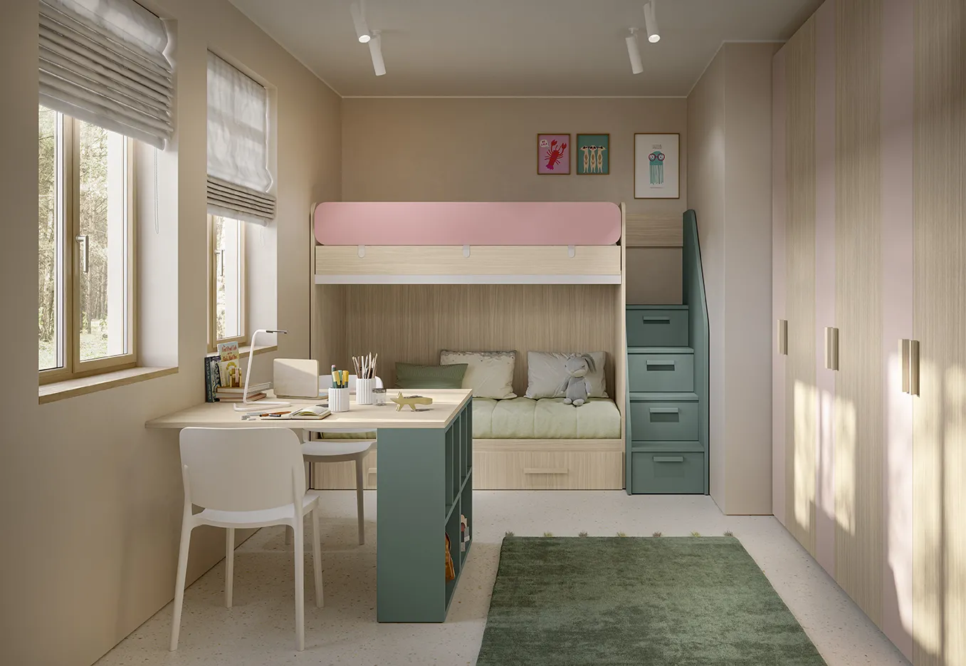 Cameretta Golf Kid's Space Colombini con letto a castello, scaletta contenitore verde e scrivania a penisola