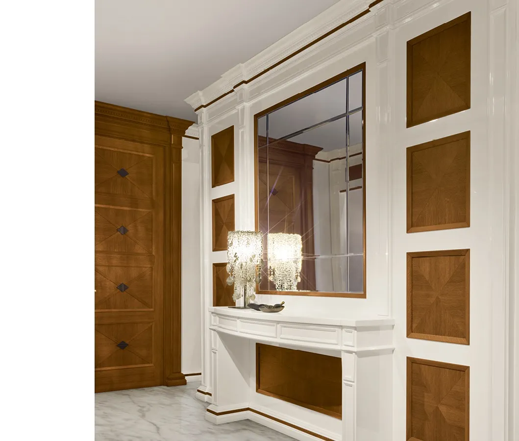 Boiserie Giotto Bernazzoli con specchio, pannelli in rovere e consolle laccata